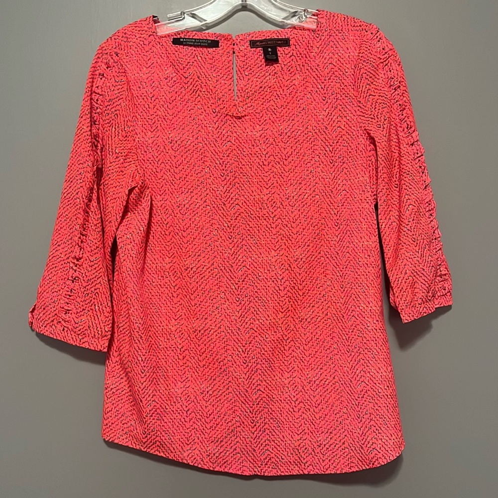 Scotch & soda top neon pink print with sleeve ruffle with beads sz 1
